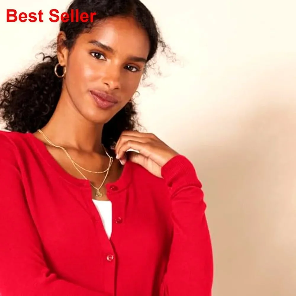 Lightweight Crewneck Cardigan Sweater, Plus Size, Cotton Blend, Button Front